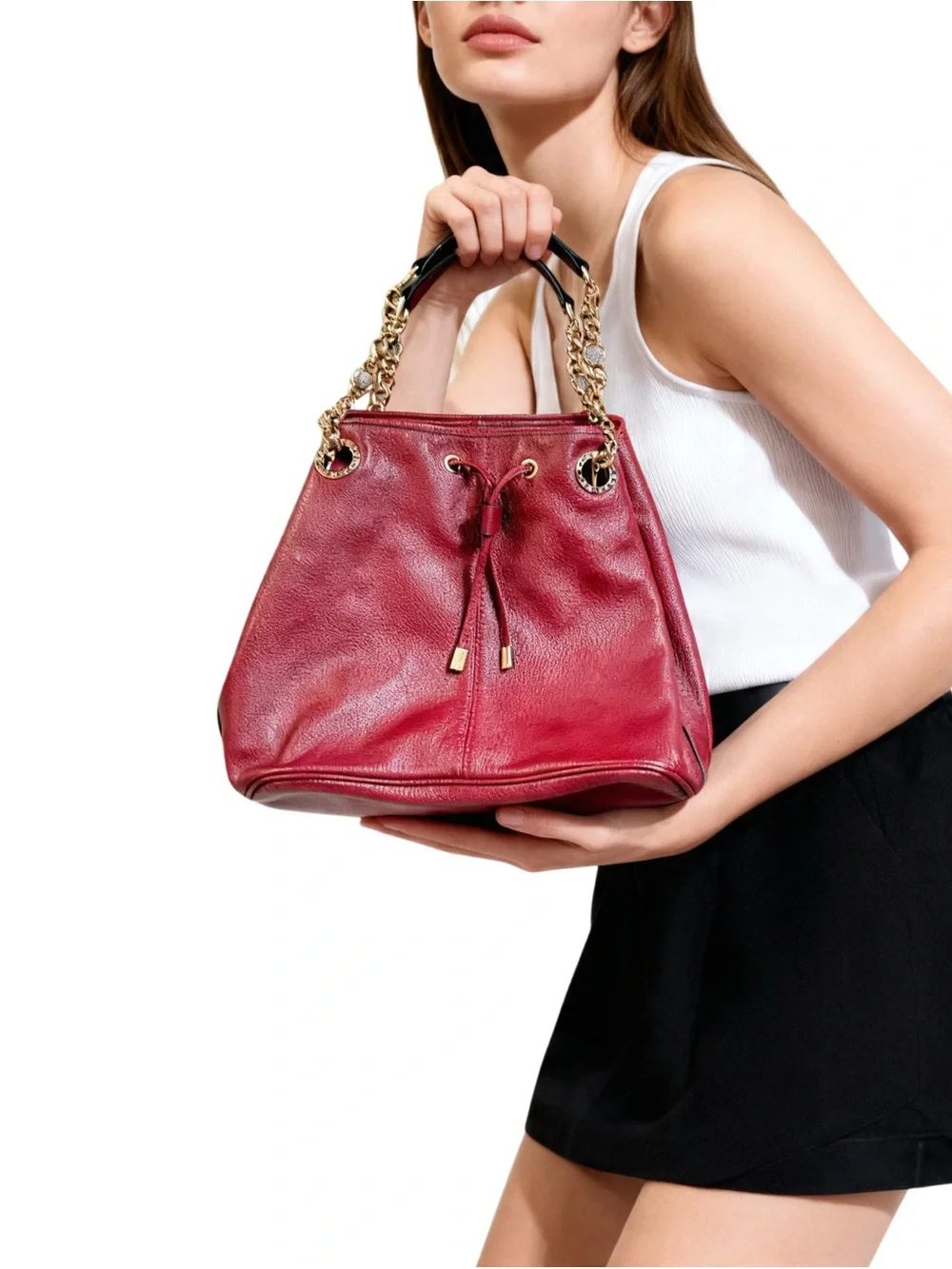 LEATHER  Women's Red Leather Chain-Handle Tote Bag